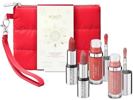 KIKO Milano Snow-Kissed Holiday Never Without You Mini Lips Gift Set, Kit De Regalo De Labios: 2 Minilabiales De Acabado Mate Y 2 Minibrillos De Labios