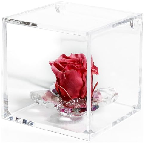 Debora Carlucci Rosa Stabilizzata Vera con 4 Petali in Cristallo Eterna in Cubo Idea Regalo Donna Compleanno Anniversario Matrimonio Festa della Mamma Bomboniera Blu-Bianco-Rosa-Rossa (Rosso)
