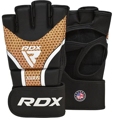 RDX MMA Gloves Grappling Sparring, Mixed Martial Arts Mitts Men Women Boxing Gloves, Maya Hide Leather Kara Cage Fighting Workout, Combat Sports Training, Muay Thai (Black Gold, L)