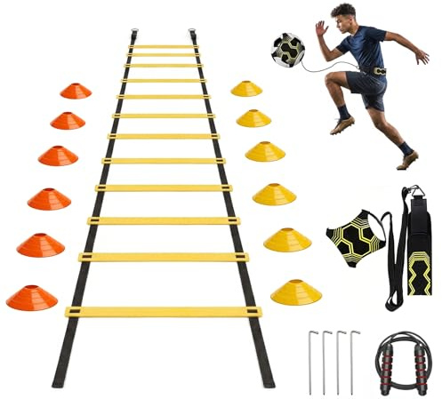 PORFOYO Kit Allenamento Calcio, Set Allenamento Calcio con Scala di Coordinamento 6m, 12 Cinesini, 1 Corda da Salto, Bande Elastiche, Accessori per L'allenamento di Calcio, Set di velocità E Agilità