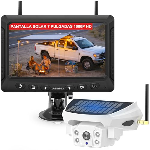 VASTEND Cámara de Marcha Atrás Inalámbrica Solar con Monitor 7, Sistema de Visión Trasera Digital HD 1080P, Batería 10000mAh & Soporte Magnético, Impermeable IP69K para Autocaravana, Camión, Remolque