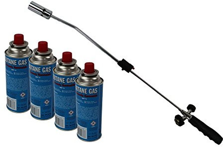 DKB Unkrautbrenner mit Bajonettanschluss Gasbrenner Piezo Zündung Unkrautvernichter Brenner Abflammgerät Einzelnd oder mit Gas (Unkrautbrenner mit 4 Gaskartuschen)