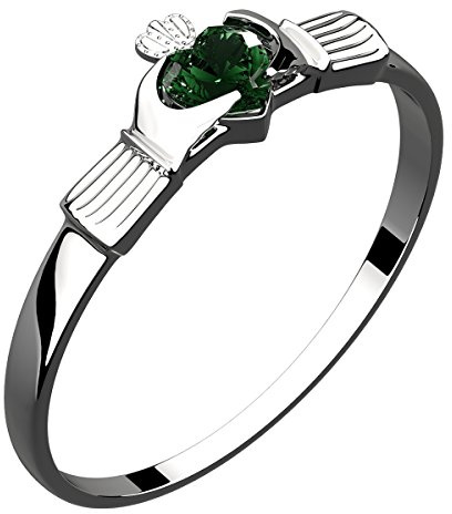 GWG Jewellery Anillo Fino de Claddagh Plata de Ley Dos Manos Que Rodean Corazón de Piedra de Color Esmeralda Verde con Corona en Caja de Regalo para Mujeres