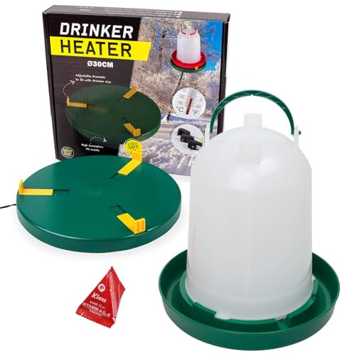 Agrarflora Komplettset: Tränkenwärmer Ø30cm + Geflügeltränke 6 Liter + Vitamine 20ml - Heizplatte, Wärmeplatte zur Geflügelhaltung - frostsichere Hühnertränke - winterfeste Kükentränke