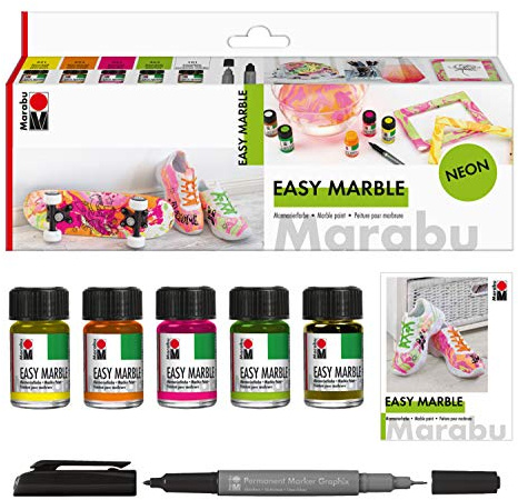 Marabu 1305000000080 - Easy Marble Neon Set, 5 Farben + Permanent Marker, Marmorierfarbe zum kinderleichten Tauchmarmorieren von Kunststoff, Glas, Holz, Styropor und flächigen Marmorieren von Papier