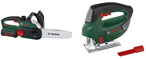 Theo Klein 8399 Bosch Kettensäge I Originalgetreue, kindgerechte Nachbildung I 13 cm x 39,5 cm x 14 cm & Bosch Stichsäge I Batteriebetrieben mit Stichsägenbewegungen, 14,5 cm x 17 cm x 5 cm