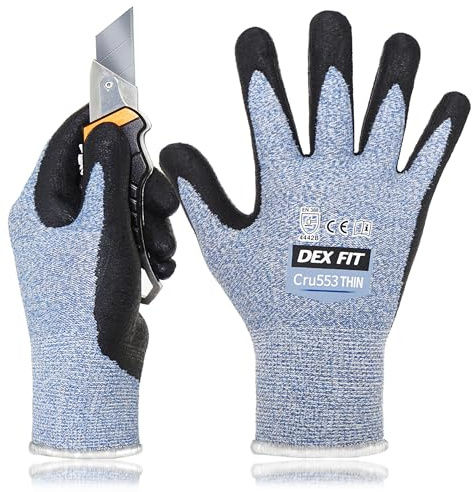 DEX FIT 15 Gauge nivå 4 tunna skärskyddshandskar Cru553; fast handtag, 3D-komfortpassform, lätt och hållbar, pekskärms-kompatibel för exakt arbete, tvättbar; blå S (7) 1 par