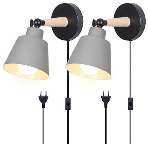 TOKIUS 2 Stücke Wandleuchten, Moderne Wandlampe aus Metall und Holz Deko E27 Fassung Verstellbarer Wandbeleuchtung Innen Wandlampe für Schlafzimmer Wohnzimmer Korridor (Grau, Mit Stecker Schalter)