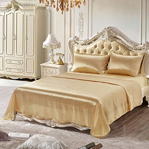 Lanqinglv Luxus Satin Spannbettlaken Bettlaken 140x200 cm bis 25-30 cm Steghöhe Boxspringbett Topper 110g/m² Glatt Seide Glanzsatin Boxspringbett Spannbetttuch Leintuch,Gold,1 Stück