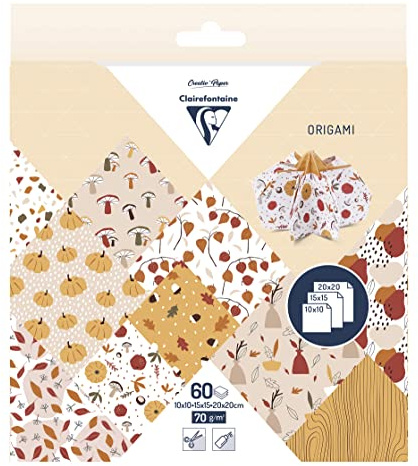Clairefontaine 95379C - ORIGAMI, pochette de 60 feuilles 10x10cm - 15x15cm - 20x20cm 70g, Automne