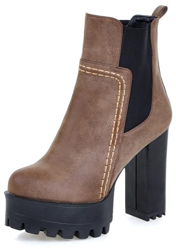Lroey Reoly Bottines Femme à Talon Bloc, Bottines Chelsea Bout Rond Talons Hauts Bottes Courtes A Enfiler avec Plateforme, Z15917Bb Marrón Taille 43 EU