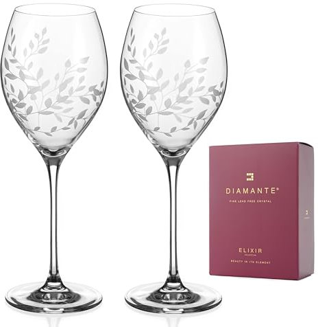 DIAMANTE Crystal Wine Glasses Pair - ‘Breeze’ - Intricately Etched Floral Leaves Pattern - Set of 2