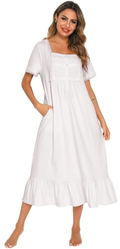 aromm Camisón de Algodón para Mujer Victoriano Manga Corta Botón Frontal Lactancia Materna Pijama con Bolsillos
