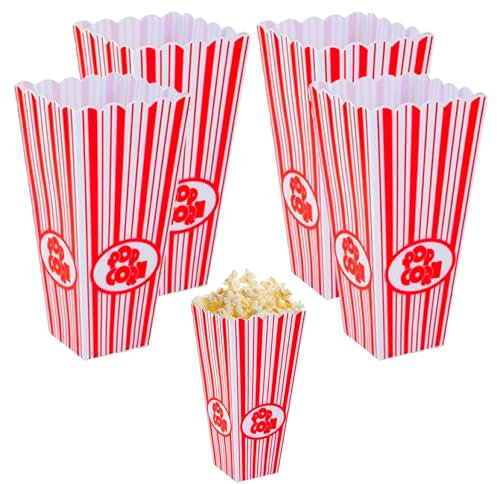 Lizzy 4pc Popcorn Holder | 8 x 19.4cm Reusable Plastic Red & White Striped Classic Popcorn Containers for Movie Night Carnival, Party, Wedding