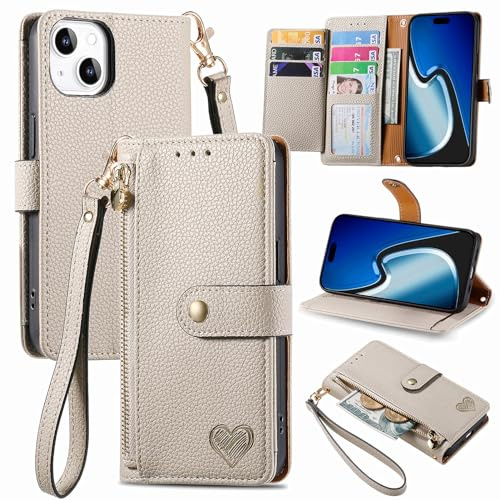 VEEMOS Zipper Wallet Case for Apple iPhone 15 Plus Phone Case with Purse Card Holders RFID Blocking Leather Flip Case Book Cover Wrist Strap Women - Gray