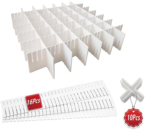 LMSAWK 16 Pièces Grille Diviseur de Tiroir, Organisateur de Tiroir Réglables pour Sous, Diviseur de Tiroir DIY Separateur, Pour Placard, Sous-vêtements, Livré avec 10 Boucles Croisées, Blanc