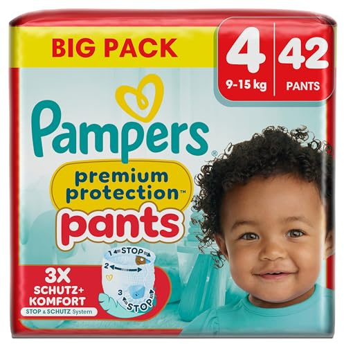 Pampers Premium Protection Pants Größe 4, 42 Windeln, 9kg-15kg, Mit 360° Passform und 2x breiteren Bündchen als vorher für unseren besten Komfort & Schutz