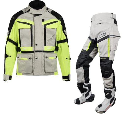 WinNet Tuta Completo Moto Cordura Giacca Pantalone Protezioni Omologate C.E. impermeabile anti acqua pioggia freddo 4 stagioni sfoderabile primavera estate (Fluo, L)