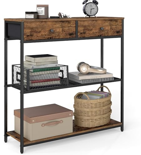 VASAGLE Mesa de Entrada Estrecha, con 2 Cajones de Tela, Mesa de Consola de 3 Niveles, 24 x 76 x 80 cm, para Entrada, Sala de Estar, Marrón Rústico y Negro Tinta LNT092K01