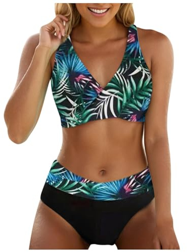 Maillot de Bain Femme 2 Pieces Push up rembourré, Maillots Deux Pièces Femme Taille Haute col en v Vintage Imprimé Floral Ethnique Ensemble Bikini Grande Taille sportify Swimsuit (Green, XXXL)