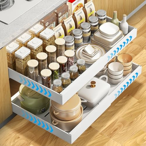 EOJDDPA 2 cassetti telescopici con sistema a binario, cassetto estraibile da cucina senza foratura, cassetto estraibile per mobili da cucina, organizer per cassetti (2 pezzi bianchi, 42x68cm)