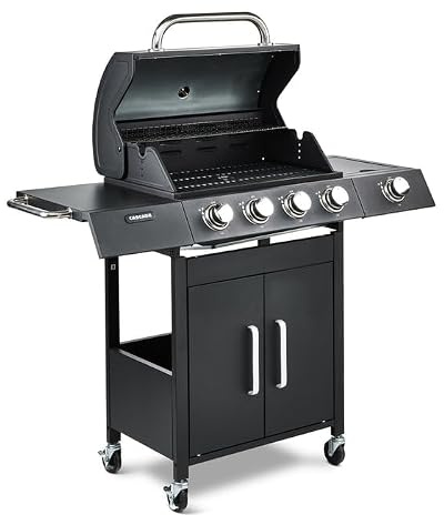 Fire Mountain Cascade 5 Burner Premium Gas BBQ, 4 Main + 1 Side Burner, Cast Iron Cooking Grill, Built-In Thermometer, Warming Rack Outdoor Barbecue for Garden & Patio