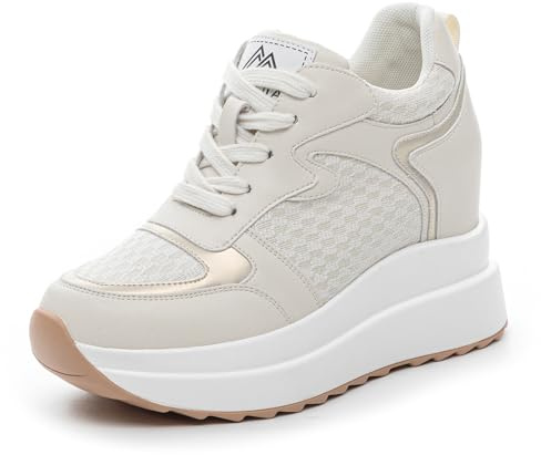 MIEHUIAI Zapatillas Plataforma Mujer Zapatillas de Cuña Deportivas Transpirables Casual Comodos Zapatos Altas Tacón de Cuña 10CM(Beige,38 EU)