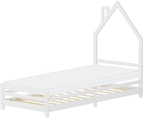 ML-Design Barnsäng i Husform 90x200 cm Vit med Madrass H:10 cm Träbädd med Lamellbotten Skorstensdesign Juniorsäng av Massiv Furu Sängram för Pojkar Flickor Barnrum Säng för Ungdom Sovplats Lekbädd