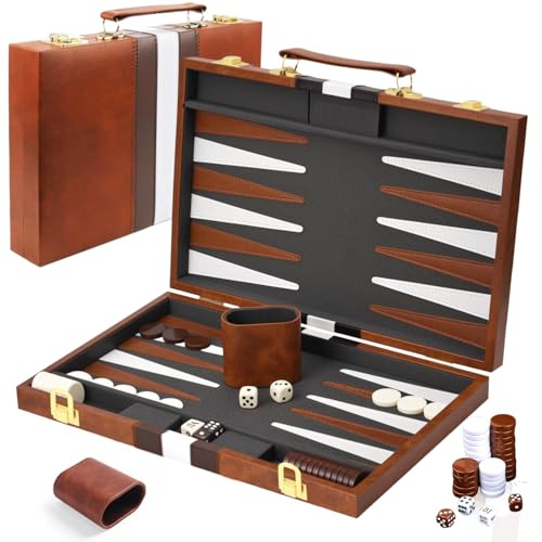 YUJUVI Backgammon Backgammon da Viaggio 11 pollici Set Backgammon Gioco da Tavolo con Custodia in Pelle di Alta Qualità con Coppa per dadi Gioco da Tavolo di Strategia Classico (15pollici, Marrone)