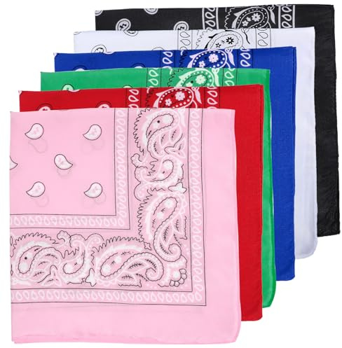 KFHENSOMR 6 Pack Bandanas Multi-Purpose Bandanas Assorted Colors Kerchiefs Square Handkerchief Paisley Cowboy Bandana Polyester Headbands Face Mask headband for Women and Men 21x21 inch