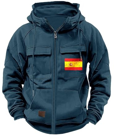 Chaquetas tácticas Tipo Cargo con Capucha para Hombre, Estilo Casual, a la Moda, con Estampado de la Bandera de España, con Cremallera Completa, Bolsillos, con cordón, Sudadera para Deportes al Aire