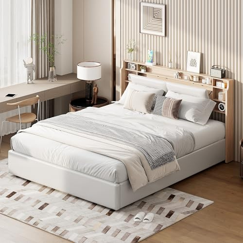 JYNVO Cama de Almacenamiento 140 x 200 cm, Almacenamiento hidráulico, cabecero Plegable con Espacio de Almacenamiento, Cama Doble con iluminación LED, Cama Juvenil, Piel sintética, Color Blanco