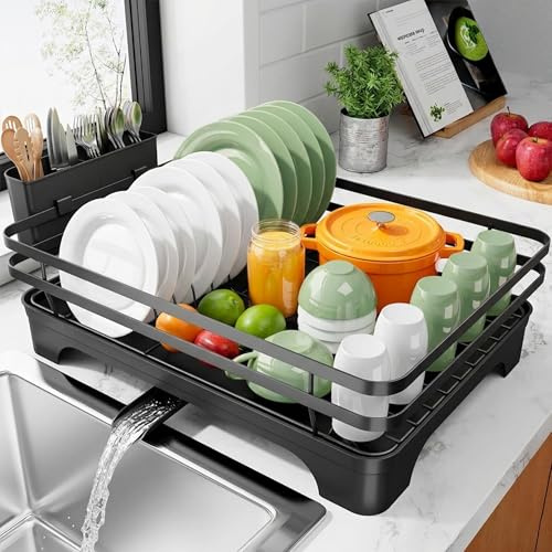Ayat Dish Drying Rack for Kitchen Counter – Single Tier Carbon Steel Dish Drainer with Removable Drain Tray & Utensil Holder, Rust-Resistant, Space-Saving Rack for Plates, Bowls, Cups & Cutlery