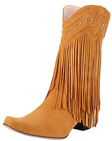 Generisch Botas de mujer Mid-Calf con diseño de zapato de punta de terciopelo arena con flecos tacón plataforma elegantes botines de invierno para moda, caqui, 42 EU