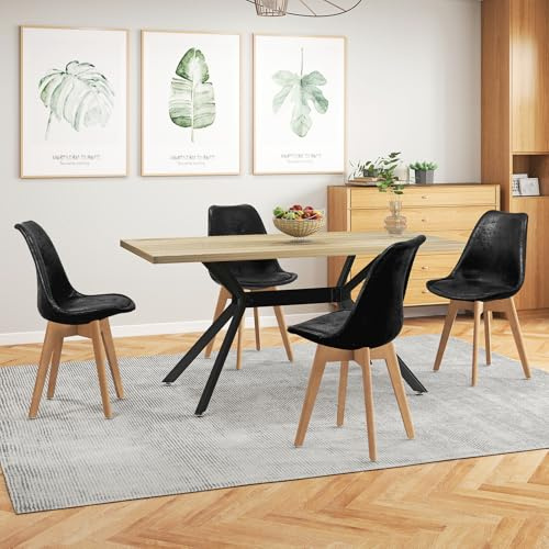 WAFTING Essgruppe Esstisch mit 4 Stühlen, Rechteckig Küchentisch-Set mit Stühlen für Küche Esszimmer und Wohnzimmer (Heller Holztisch + Schwarze Stühle)