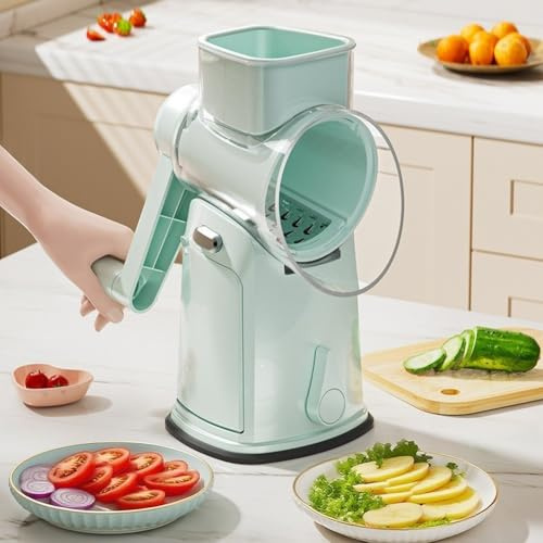 Hachoir à légumes de cuisine, coupe-légumes multifonction, trancheuse manuelle avec 10 lames interchangeables, tube d'alimentation de 9 cm pour hacher la cuisine (B-vert)