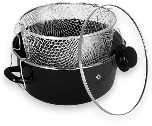 Olla Freidora con Tapa de Vidrio Templado, Acero Inoxidable, Negro, 24cm, 4.5 Litros, Incluye Canastilla Metálica