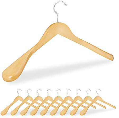 Relaxdays Pack de 10 Perchas Traje Anchas, para Chaquetas, Abrigos o Vestidos, Madera, 45 cm de Ancho, Marrón Claro