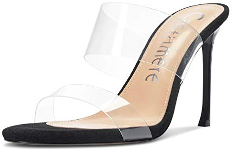 Castamere Escarpins Femme Bout Ouvert Sandales Mode Transparent Aiguille Talon 10CM Heels Noir Chaussures EU 43