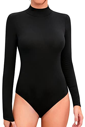 SHEIUGU Women's Mock Turtle Neck Long Sleeve Bodysuit Soft Slim Fit Stretchy Layer Top Classic Jumpsuit(Black-Medium)