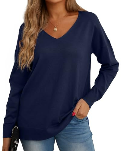 GRECERELLE Pull Femme Col V Décontracté en Tricot avec Manches Longues - Pullover Chic et Élégant pour l'hiver (Bleu Marin, M)