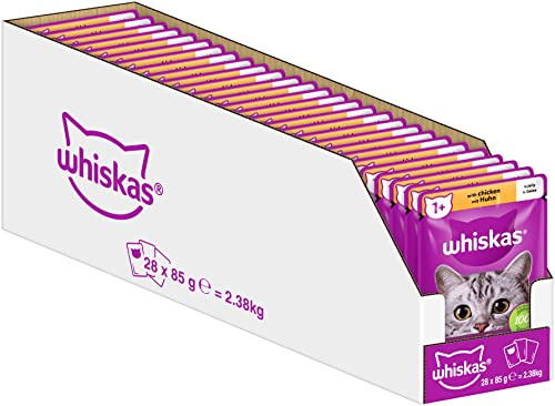 Whiskas 1+ kattmat kyckling i gelé, 28 x 85 g (1 förpackning) – högkvalitativt våtfoder för vuxna katter i 28 portionspåsar