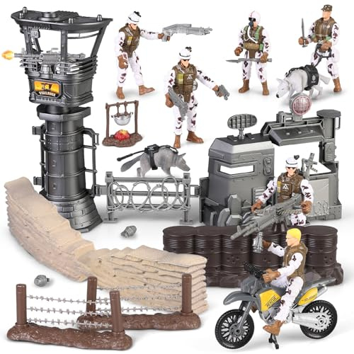 Boderam Juego de Juguetes de Base Militar, Figuras de acción de Soldado y Equipo de Armas, Accesorios Militares de Combate para Motocicleta, Juguetes del ejército, Regalo de cumpleaños para niños