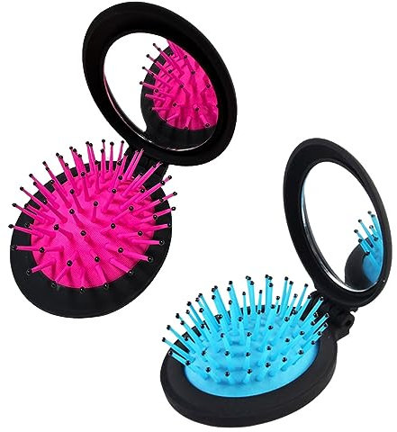 JOCXZI Klapp Reisespiegel Haarbürsten - 2Pcs Tasche Haarbürste Mini Haarkamm Kompakte Größe Haarmassagekamm für Frauen Und Mädchen,Runde Haarmassagekamm Einfach (Rosa/Blau)