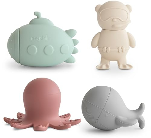 Mushie Badewannenspielzeug für Baby und Kinder aus Silikon | 4er-Pack Meeresleben Sea Life Badespielzeug Planschbecken Wasser Spielzeug für Badewanne Badespass | Wal, U-Boot, Taucher & Oktopus
