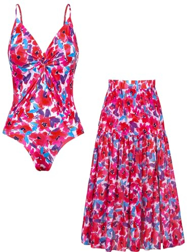 GRACE KARIN Women's One Piece Swimsuit, V-Neck Monokini with Elegant Floral Print, 2-Piece Set with Cover-Up Skirt & Tummy Control Red Floral L