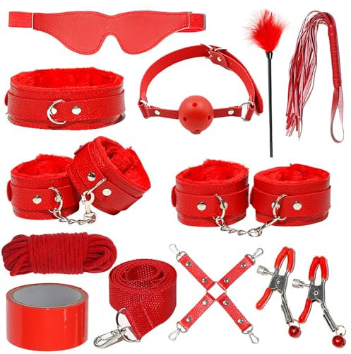 Kutocesy Kit Bondage 11 pezzi Restrizioni Giocattoli sessuali per coppie con manette Frusta Morsetti per capezzoli Gag Plug Restrizioni letto estreme Set di giocattoli sessuali per coppie (Red)