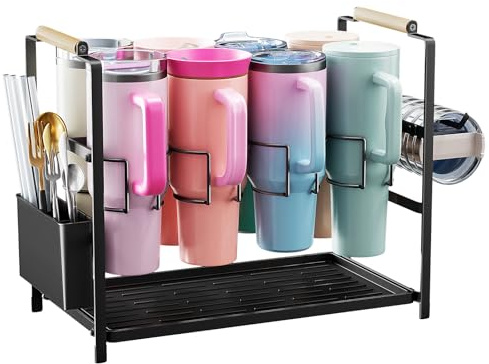 Housolution Water Bottle Organizer Drying Rack for 40 oz Tumbler with Handle, Multifunctional Cup Storage Holder Compatible with Stanley, Owala, Simple Modern and Other Brands, 8 Slots (Patented)
