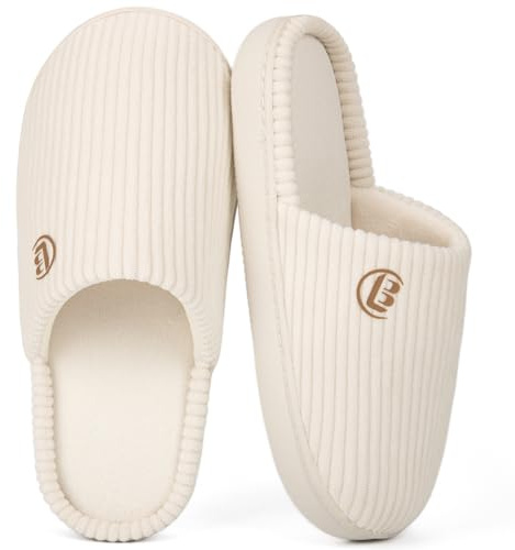 LongBay Women’s Warm Slippers Comfy Corduroy Memory Foam Slip On House Shoes Indoor Outdoor Non-Slip Sole White, 5-6
