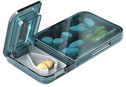Jingsen 2-in-1 Pill Cutter & Storage Box - Split & Organize Pills with Separate Cutting Chamber, Food-Grade Silicone Seal, Waterproof Travel Pill Case for Daily/Weekly Medication (Sea Blue)